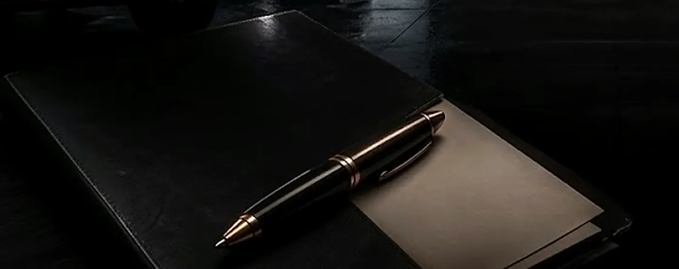 A black debt recovery folder with a gold pen resting on a document stamped PAID.