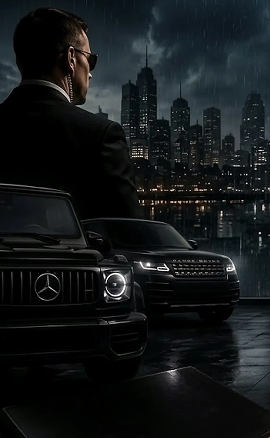 A close protection officer in a dark suit and earpiece looks out over a city skyline at night, black vehicles parked beside him.