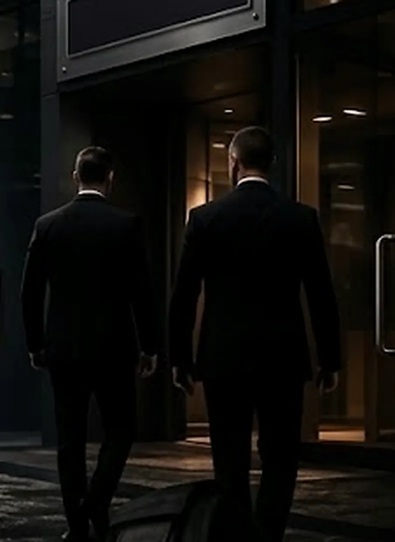 Two men in dark suits walk into a building beneath a sign reading Protection, Discretion, Results.